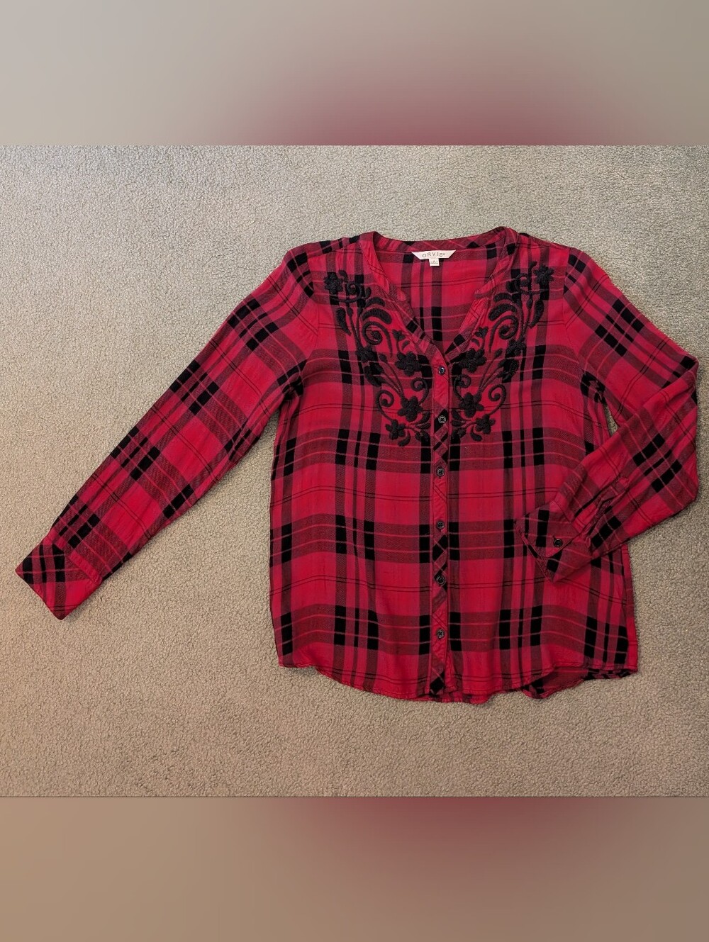 Orvis Women's Red Buffalo Plaid Embroidered Button-Down Tunic